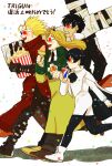  2boys 2girls 3d_glasses black_hair blonde_hair cape coat cross earrings food highres hot_dog ice_cream jewelry kuzunosuke0919 long_coat meryl_stryfe milly_thompson multiple_boys multiple_girls nicholas_d._wolfwood pepsi popcorn red_coat short_hair trigun vash_the_stampede walking white_background white_cape white_footwear 