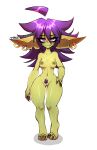  breasts ear_piercing ear_ring female genitals goblin green_body green_skin hair hand_on_hip hi_res humanoid nipples not_furry piercing purple_hair pussy ring_piercing simple_background solo twistingtoxic white_background 