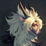  1:1 anthro artist_logo awaldkize black_horn blue_body blue_ears bust_portrait dragon hair hi_res horn logo male messy_hair mouth_closed narrowed_eyes portrait pupils simple_background slit_pupils solo three-quarter_view white_body white_hair yellow_eyes 