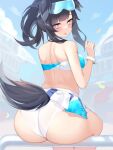  1girl animal_ears ass bangs bare_shoulders blue_archive blurry blurry_background breasts clothes_writing commentary crop_top day dog_ears dog_tail eyewear_on_head halo hand_up heavy_breathing hibiki_(blue_archive) hibiki_(cheerleader)_(blue_archive) highres kuavera long_hair looking_at_viewer looking_back miniskirt official_alternate_costume open_mouth outdoors panties shoulder_blades sitting skirt solo sweat tail underwear white_panties white_skirt 