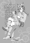  1girl air_shakur_(umamusume) alternate_costume animal_ears bangs belt boots crossed_legs cup eyebrow_piercing gears goggles goggles_on_headwear greyscale grin hat highres holding holding_cup holding_paper horse_ears invisible_chair legwear_garter long_hair long_sleeves low_ponytail monochrome paper piercing pouch sharp_teeth shirt shorts sinnra_art sitting smile socks solo steampunk teeth umamusume 
