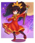  1girl ashley_(warioware) black_hair closed_mouth collarbone comma03 commentary dress expressionless full_body holding light_frown long_hair looking_at_viewer orange_headwear red_dress red_eyes solo twintails wand warioware 