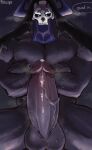  balls bodily_fluids bone crossed_arms draringoa fate_(series) genital_fluids genitals glans glowing glowing_eyes hi_res humanoid humanoid_genitalia humanoid_penis male muscular muscular_male pecs penis precum purple_body skull solo speech_bubble vein veiny_penis 