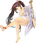  1girl bangs bare_legs barefoot black_hair breasts character_request closed_mouth copyright_request dedeko expressionless highres holding holding_sword holding_weapon looking_at_viewer purple_eyes robe solo sword triangle twintails weapon white_background white_robe 