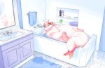  ambiguous_gender bath_mat bathing bathroom bathtub belly big_belly eeveelution faucet feral fin generation_1_pokemon green_eyes hi_res hindpaw mirror nintendo obese one_eye_closed overweight pawpads paws pink_body pokemon pokemon_(species) shampoo_bottle sink smile solo spilled_liquid tail_fin thick_tail towel vaporeon veiukket video_games water wink 