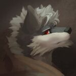  1:1 anthro awaldkize black_nose bust_portrait canid clothed clothing fur glistening glistening_eyes grey_body grey_fur hair hi_res looking_at_viewer male mammal messy_hair mouth_closed portrait red_eyes short_hair side_view simple_background solo tan_clothing tan_topwear topwear unsigned white_body white_fur white_hair 