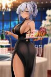  1girl alternate_costume alternate_hairstyle ass bad_anatomy black_choker black_dress black_nails blurry blurry_background breasts brown_eyes cake chandelier choker closed_mouth cup dark-skinned_female dark_skin dress drinking_glass evening_gown food from_behind glasses grey_hair hair_between_eyes hair_up highres holding holding_tray kantai_collection large_breasts light_blush long_hair looking_at_viewer looking_back meat musashi_(kancolle) side_slit sideboob solo tray yunamaro 