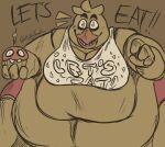 animatronic anthro avian beak belly big_breasts bird bra breasts chica_(fnaf) chicken clothing cupcake_(fnaf) eyebrows female five_nights_at_freddy&#039;s front_view galliform gallus_(genus) hi_res hungry machine navel obese obese_female overweight overweight_anthro overweight_female phasianid robot scottgames solo underwear video_games 