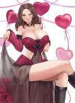  1girl absurdres balloon black_hair breasts cleavage dorothea dress fire_emblem fire_emblem:_three_houses gothic gothic_lolita heart_balloon highres huge_breasts kaos_art lolita_fashion long_hair ribbon sitting smile solo 