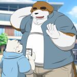  1:1 2022 anthro belly big_belly blush bottomwear brown_body canid canine canis clothing domestic_dog duo eyes_closed hoodie kemono kogure_1212 male mammal overweight overweight_male pants shirt size_difference topwear 