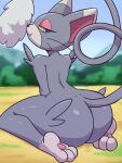  anthro big_butt blue_eyes butt day deathzera female generation_4_pokemon glameow hi_res kneeling looking_at_viewer nintendo outside pokemon pokemon_(species) pokemorph purple_body rear_view solo thick_thighs video_games 
