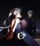  1boy 1girl alternate_costume arms_behind_back bag bangs black_necktie blue_dress blue_eyes blunt_bangs bouquet breasts brother_and_sister car closed_mouth dress extra_minta flower formal genshin_impact grey_hair ground_vehicle hair_ribbon hand_in_own_hair highres holding holding_bouquet jacket kamisato_ayaka kamisato_ayato long_hair looking_at_viewer looking_back medium_breasts mole mole_under_mouth motor_vehicle necktie night outdoors pants pink_flower ponytail ribbon shoulder_bag siblings suit very_long_hair vision_(genshin_impact) 