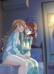  air_conditioner arm_hug bed brown_hair emma_verde freckles green_eyes hair_down hair_ornament happy highres holding_hands konoe_kanata lamp long_hair looking_at_another love_live! love_live!_nijigasaki_high_school_idol_club monowe night pajamas pillow purple_eyes smile yuri 