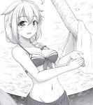  1girl absurdres ahoge bikini braid breasts cleavage dated front-tie_bikini_top front-tie_top greyscale groin h2_(h20000000) hair_flaps hair_over_shoulder highres kantai_collection looking_at_viewer medium_breasts monochrome navel ocean open_mouth outdoors palm_tree shigure_(kancolle) shigure_kai_ni_(kancolle) signature single_braid skirt solo swimsuit towel traditional_media tree upper_body 