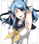  1girl absurdres arm_up armpits blue_eyes blue_hair blue_sailor_collar blush breasts collarbone double_bun elbow_gloves gloves h2_(h20000000) hair_between_eyes hair_bun hat highres kantai_collection large_breasts neckerchief one_eye_closed open_mouth outstretched_arm sailor_collar sailor_hat school_uniform serafuku sleeves_rolled_up smile solo upper_body urakaze_(kancolle) white_background white_gloves white_headwear yellow_neckerchief 