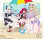  4girls bangs beach beach_chair beach_umbrella blonde_hair blue_eyes braid breasts cernunnos_(fate) cleavage crazy_straw drinking_straw earrings eyewear_on_head fairy_knight_gawain_(fate) fairy_knight_lancelot_(fate) fairy_knight_tristan_(fate) fangs fate/grand_order fate_(series) flip-flops food grey_eyes heart heart-shaped_eyewear heart_straw huge_breasts jewelry large_breasts long_hair medium_breasts morgan_le_fay_(fate) multicolored_eyes multiple_girls nail_polish one-piece_swimsuit ponytail red_eyes red_hair sand sandals sandals_removed sarong shaved_ice shitappa small_breasts strapless sunglasses swimsuit tube_top umbrella 