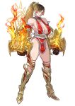  1girl absurdres arm_armor armor black_desert_online breasts brown_hair character_request cirenk cleavage dress earrings fire gauntlets glasses glowing glowing_eyes highres hoop_earrings jewelry large_breasts leg_armor long_hair pelvic_curtain pony red_dress red_eyes reference_sheet solo 