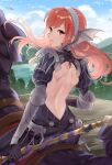  1girl armor armored_dress ass axe back back_cutout backless_dress backless_outfit black_dress black_gloves blue_sky cherche_(fire_emblem) closed_mouth clothing_cutout cloud commentary_request day dragon dress fire_emblem fire_emblem_awakening floating_hair gloves hairband haru_(nakajou-28) holding holding_axe holding_weapon lace_hairband long_hair looking_at_viewer minerva_(fire_emblem_awakening) outdoors pink_eyes pink_hair riding sky striped striped_dress vertical_stripes weapon white_hairband wing_hair_ornament wyvern 