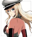  1girl absurdres bismarck_(kancolle) blonde_hair blue_eyes breasts from_behind h2_(h20000000) hat highres kantai_collection large_breasts looking_back military_hat outside_border sideboob solo upper_body 