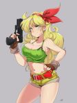  1girl absurdres artist_name bangs bare_shoulders belt blonde_hair blush breasts cleavage closed_mouth covered_nipples delux_drawings dragon_ball dragon_ball_z fingerless_gloves gloves green_eyes grey_background gun hair_ornament hairband hand_up handgun highres holding holding_weapon large_breasts long_hair looking_at_viewer lunch_(dragon_ball) midriff navel shiny shiny_skin short_shorts shorts signature simple_background sleeveless smile solo stomach weapon 