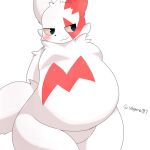  1:1 anthro belly blush fupa fur generation_3_pokemon hi_res nintendo overweight pink_eyes pokemon pokemon_(species) saguna397 shy simple_background solo thick_thighs video_games white_background white_body white_fur zangoose 