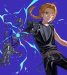  1boy absurdres bangs belt belt_buckle black_pants black_shirt braid brown_belt brown_eyes brown_hair buckle commentary_request edward_elric electricity floating_hair forehead fullmetal_alchemist highres long_hair male_focus naeng_chim pants parted_bangs parted_lips prosthesis prosthetic_arm purple_background shirt simple_background single_braid sleeveless sleeveless_shirt solo 