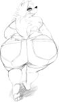  anthro barefoot big_butt black_nose bottomwear butt canid canine canis chubby_female clothing domestic_dog eyelashes feet female hair hi_res looking_back mammal monochrome pockets rear_view sharp_teeth shirt sketch smile solo teeth topwear tyrant_rat 