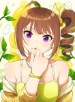  1girl :o ahoge air_bubble bangs bracelet brown_hair bubble camisole commentary earrings food fruit hair_ribbon hand_to_own_mouth idolmaster idolmaster_million_live! jacket jewelry kamille_(vcx68) lemon lemon_slice looking_at_viewer medium_hair off_shoulder open_clothes open_jacket parted_lips purple_eyes ribbon side_ponytail solo star_(symbol) star_earrings upper_body yellow_camisole yellow_jacket yellow_ribbon yokoyama_nao 