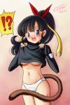  !? 1girl black_eyes black_hair breasts dated dragon_ball dragon_ball_heroes hair_ribbon highres karoine looking_at_viewer medium_breasts navel note_(dragon_ball) panties partially_undressed ponytail ribbon signature straight_hair surprised tail underboob underwear undressing white_panties 