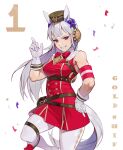  1girl absurdres animal_ears boots breasts character_name commentary_request confetti dress gloves gold_ship_(umamusume) grey_hair grin hand_on_hip hand_up highres horse_ears horse_girl horse_tail index_finger_raised knee_boots long_hair looking_at_viewer medium_breasts naeng_chim o-ring pantyhose red_dress red_eyes sleeveless sleeveless_dress smile solo standing standing_on_one_leg tail umamusume very_long_hair white_background white_footwear white_gloves white_pantyhose 