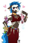  &lt;3 anthro belt blue_hair bottomwear bracelet clothing ear_piercing earth_pony equid equine fan_character hair hasbro horse jewelry mammal multicolored_hair my_little_pony necklace pants piercing pony red_eyes redxbacon simple_background two_tone_hair voodoo voodoo_doll white_background 
