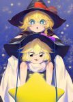  2girls :3 bangs bejili black_capelet black_eyes black_gloves black_headwear blonde_hair blue_eyes blush_stickers bow braid bright_pupils buttons capelet chestnut_mouth commentary_request cookie_(touhou) gloves hair_bow hat hat_bow highres kirisame_marisa looking_at_viewer meguru_(cookie) multiple_girls open_mouth purple_bow red_bow scarf short_hair single_braid smile star_(symbol) thick_eyebrows touhou upper_body white_pupils white_scarf witch_hat yuuhi_(cookie) 