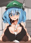  1boy 1girl bangs black_tank_top blue_eyes blue_hair blush breasts brown_gloves commentary_request cum cum_on_body cum_on_breasts ejaculation flat_cap gloves green_headwear hair_bobbles hair_ornament hat hetero highres huge_breasts indoors kawashiro_nitori medium_hair open_mouth paizuri paizuri_under_clothes penis pov solo_focus spy_(user_jxcc8553) tank_top touhou two_side_up uncensored upper_body 