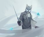  absurd_res anthro awaldkize blue_eyes bottomwear canid cheek_tuft chest_tuft clothed clothing facial_tuft fangs front_view fur grey_body grey_bottomwear grey_clothing grey_fur grey_nose grey_pants grey_topwear hi_res holding_object holding_sword holding_weapon male mammal melee_weapon narrowed_eyes open_mouth pants simple_background solo standing sword topwear tuft unsigned weapon white_body white_fur 