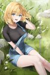  1girl absurdres black_shirt blonde_hair blue_eyes blue_shorts breasts flower grass hand_in_own_hair highres korean_commentary large_breasts lillly looking_at_viewer original outdoors parted_lips plant shirt short_hair short_sleeves shorts sitting smile solo suspender_shorts suspenders taut_clothes taut_shirt thighs 