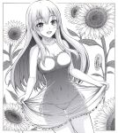  1girl absurdres bikini bikini_under_clothes dress flower greyscale h2_(h20000000) highres kantai_collection long_hair monochrome open_mouth see-through see-through_dress side-tie_bikini_bottom skirt_hold smile solo sunflower suzuya_(kancolle) swimsuit traditional_media 