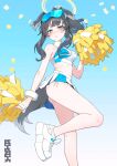  1girl animal_ears ass bangs black_hair blue_archive blush breasts cheerleader cleavage confetti crop_top dog_ears dog_girl dog_tail eyewear_on_head goggles goggles_on_head halo hibiki_(blue_archive) hibiki_(cheerleader)_(blue_archive) highres leg_up long_hair looking_at_viewer medium_breasts midriff open_mouth pleated_skirt pom_pom_(cheerleading) rqtkrqtk shoes simple_background skirt sneakers solo standing standing_on_one_leg tail 