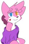  2:3 anthro bottomless clothed clothing fur glowing glowing_eyes heterochromia hi_res hybrid kaykorr looking_at_viewer male pink_body pink_fur shirt shirt_only smiling_at_you solo spread_legs spreading topwear topwear_only 