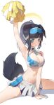 1girl absurdres animal_ears arm_up bangs bare_shoulders black_hair blue_archive blue_eyes blush breasts cheerleader cleavage crop_top dog_ears dog_girl dog_tail eyewear_on_head flying_sweatdrops halo hands_on_ground hibiki_(blue_archive) hibiki_(cheerleader)_(blue_archive) highres holding holding_pom_poms looking_at_viewer midriff miniskirt navel open_mouth pleated_skirt pom_pom_(cheerleading) ponytail shenqi_de_(9) sitting skirt solo sticker_on_arm sticker_on_face sunglasses tail white_skirt wide_spread_legs 