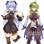  big_breasts blue_hair blush breasts butt_from_the_front clothed clothing collei_(genshin_impact) duo female ganyu_(genshin_impact) genshin_impact green_hair hair hi_res horn horned_humanoid human humanoid legwear mammal mihoyo o22no_(artist) simple_background video_games white_background 