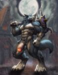  abs anthro balls big_penis blizzard_entertainment blue_eyes bullstorm canid canine canis claws fangs full_moon genitals hi_res humanoid_genitalia humanoid_penis male mammal moon muscular muscular_anthro muscular_male nipples nude pecs penis pubes raining solo thick_penis video_games warcraft weapon were werecanid wolf worgen 