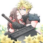  1boy 1girl aerith_gainsborough arm_around_back armor bangs black_gloves blonde_hair blue_eyes blurry blurry_foreground bodyguard braid braided_ponytail breasts brown_hair buster_sword choker closed_eyes cloud_strife dress earrings final_fantasy final_fantasy_vii final_fantasy_vii_remake flower flower_choker gamesuzume gloves grey_shirt hair_between_eyes hair_ribbon holding holding_sword holding_weapon jacket jewelry long_hair looking_at_viewer parted_bangs parted_lips pink_dress pink_ribbon red_jacket ribbon shirt short_hair shoulder_armor sidelocks single_earring sleeveless sleeveless_turtleneck spiked_hair suspenders sword turtleneck upper_body weapon white_background yellow_flower 