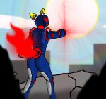  android angry anthro blue_body blue_sky city cityscape debris drcustom e621 error_six esix felid female fire flaming_tail gesture low_res machine mammal mascot pointing pupils rear_view red_neck red_sclera red_tail red_teeth robot sky solo sun yellow_ears yellow_pupils 