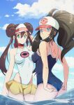 2girls absurdres adapted_costume adjusting_clothes adjusting_swimsuit artist_name ass bangs bare_arms bare_shoulders baseball_cap blue_eyes blue_sky breasts brown_hair cloud cloudy_sky collarbone commentary covered_navel day delux_drawings double_bun from_behind green_eyes hair_bun hand_up hat highres hilda_(pokemon) long_hair looking_at_viewer looking_back medium_breasts multiple_girls ocean one-piece_swimsuit outdoors partially_submerged pokemon pokemon_(game) pokemon_bw pokemon_bw2 ponytail rosa_(pokemon) shiny shiny_hair shiny_skin shorts sidelocks signature simple_background sky smile swimsuit symbol-only_commentary thighs twintails visor_cap water 