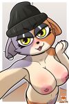  2022 3:4 anthro arched_back areola athletic beanie bedroom_eyes biped border bottomless bottomless_anthro bottomless_female calico_cat clothed clothing digital_media_(artwork) domestic_cat ear_piercing ear_ring english_text epic_games eyelashes fangs felid feline felis female fluffy fortnite genitals hat headgear headwear hi_res looking_at_viewer mammal meow_skulls_(fortnite) mottled narrowed_eyes nipples nude nude_female open_mouth open_smile paws piebald piercing pink_nipples pinup pose pussy ring_piercing seductive signature simple_background smile solo striped_sleeves text thick_eyelashes thick_thighs video_games wide_hips yellow_eyes zerlix_fox 