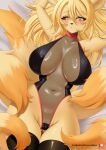  anthro big_breasts breasts brown_body camel_toe female generation_1_pokemon hi_res looking_at_viewer lying macaronneko ninetales nintendo pokemon pokemon_(species) pokemorph solo thick_thighs video_games 