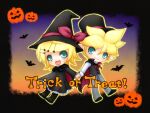  1boy 1girl :d bangs bat_(animal) blonde_hair blue_eyes bow cape chibi dress english_text frilled_dress frills hair_ornament hairclip halloween hat hat_bow hat_ribbon holding_hands jack-o&#039;-lantern kagamine_len kagamine_rin kayano_celica long_sleeves open_mouth pantyhose parted_bangs pointy_ears popped_collar ribbon short_hair smile top_hat trick_or_treat vest vocaloid witch_hat 