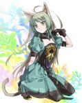  1girl ahoge animal_ear_fluff animal_ears atalanta_(fate) black_dress black_gloves black_pantyhose blonde_hair braid breasts closed_mouth commentary_request crown_braid dress fate/apocrypha fate/grand_order fate_(series) gloves green_dress green_eyes green_hair kino_kokko kneeling lion_ears lion_tail long_hair looking_at_viewer multicolored_hair pantyhose puffy_short_sleeves puffy_sleeves short_sleeves small_breasts solo tail two-tone_dress two-tone_hair 