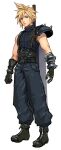  1boy armor baggy_pants belt black_footwear black_gloves blonde_hair blue_eyes blue_pants blue_shirt boots buster_sword cloud_strife final_fantasy final_fantasy_vii final_fantasy_vii_remake full_body gloves hair_between_eyes highres looking_at_viewer male_focus multiple_belts pants shirt short_hair shoulder_armor sleeveless sleeveless_turtleneck solo spiked_hair suspenders turtleneck uxspwt1u79uz1gu weapon weapon_on_back white_background 