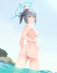  1girl animal_ear_fluff animal_ears bar_censor blue_archive blue_eyes blue_sky breasts censored completely_nude cross cross_hair_ornament da_(datako) day extra_ears grey_hair hair_ornament halo highres inverted_cross nipples nude outdoors ponytail shiroko_(blue_archive) shiroko_(swimsuit)_(blue_archive) sky small_breasts solo standing wading 